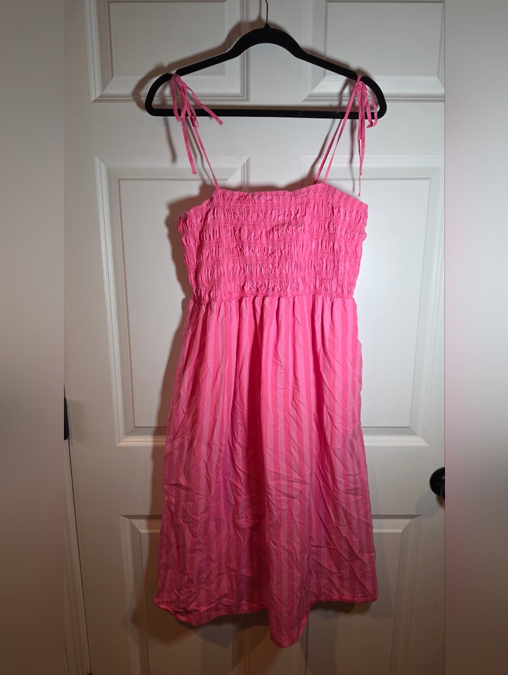 A New Day Pink Striped Smocked Midi Sundress with Tie Straps Cotton L